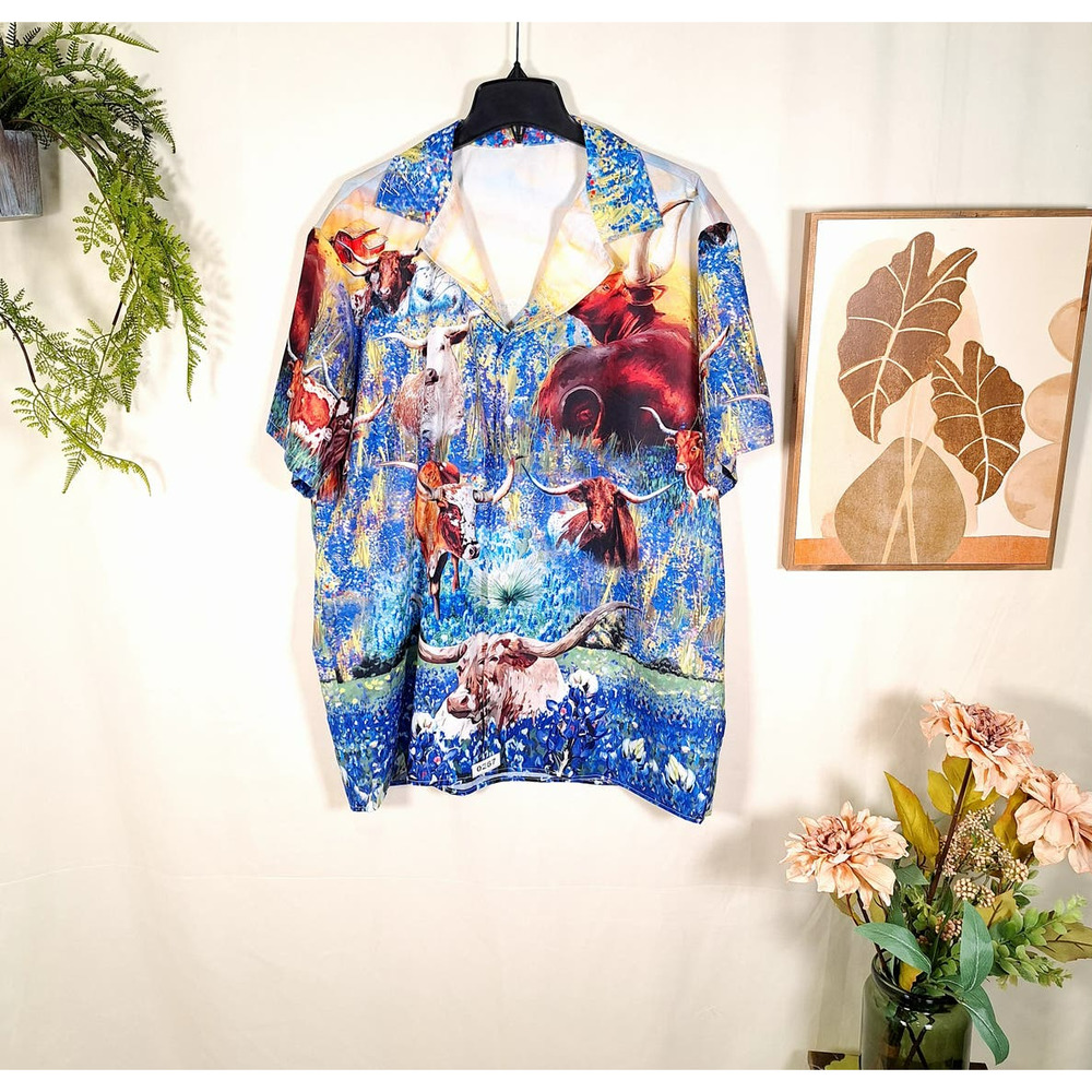 Unbranded Men's Longhorn Floral Button-Up Short-Sleeved Shirt XL